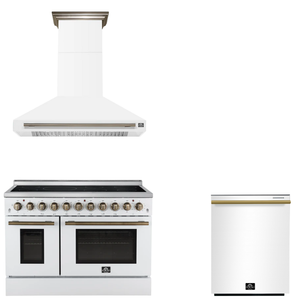 FORNO Appliance Package - 48" Electric Range, Range Hood, Dishwasher in White with Antique Brass Accents