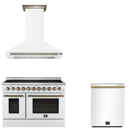 FORNO Appliance Package - 48" Electric Range, Range Hood, Dishwasher in White with Antique Brass Accents