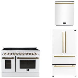 FORNO Appliance Package - 48" Electric Range, 36" Refrigerator, Dishwasher in White with Antique Brass Accents