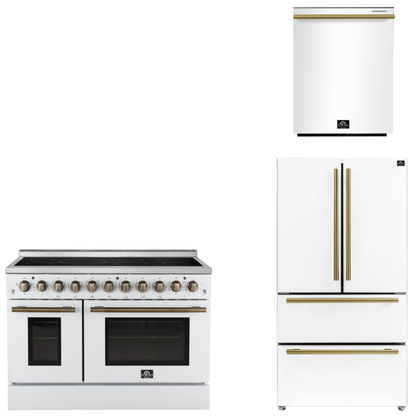 FORNO Appliance Package - 48" Electric Range, 36" Refrigerator, Dishwasher in White with Antique Brass Accents