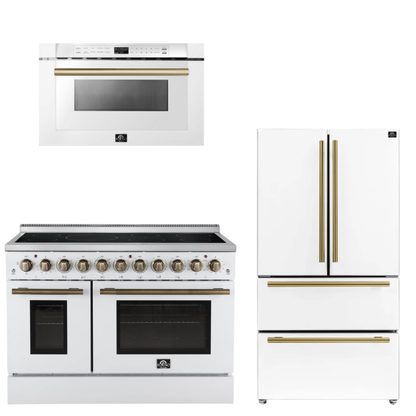 FORNO Appliance Package - 48" Electric Range, 36" Refrigerator, Microwave in White with Antique Brass Accents