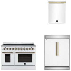 FORNO Appliance Package - 48" Electric Range, 60" Refrigerator, Dishwasher in White with Antique Brass Accents