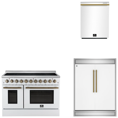 FORNO Appliance Package - 48" Electric Range, 60" Refrigerator, Dishwasher in White with Antique Brass Accents