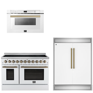 FORNO Appliance Package - 48" Electric Range, 60" Refrigerator, Microwave in White with Antique Brass Accents