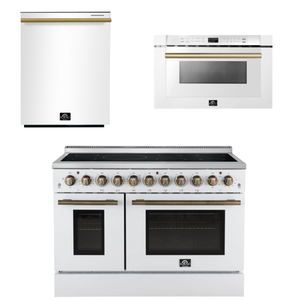 FORNO Appliance Package - 48" Electric Range, Dishwasher, Microwave in White with Antique Brass Accents
