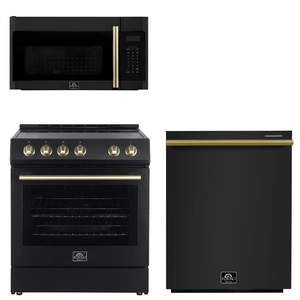 FORNO Espresso Package - 30" Electric Range, Over-The-Range Microwave and Dishwasher in Black with Antique Brass Accents, AP3-6012BLK-A10
