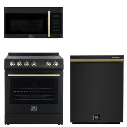 FORNO Espresso Package - 30" Electric Range, Over-The-Range Microwave and Dishwasher in Black with Antique Brass Accents, AP3-6012BLK-A10