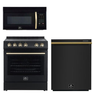 FORNO Espresso Package - 30" Electric Range, Over-The-Range Microwave and Dishwasher in Black with Antique Brass Accents, AP3-6012BLK-A9