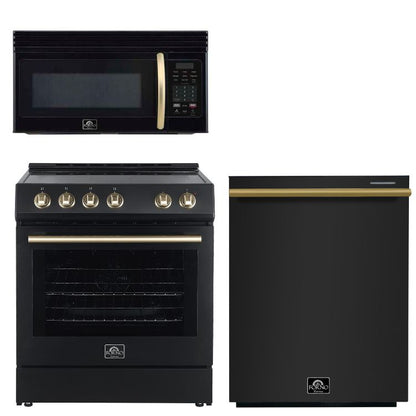 FORNO Espresso Package - 30" Electric Range, Over-The-Range Microwave and Dishwasher in Black with Antique Brass Accents, AP3-6012BLK-A9