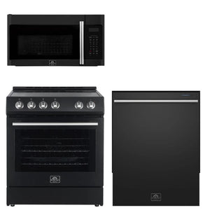 FORNO Espresso Package - 30" Electric Range, Over-The-Range Microwave and Dishwasher in Black with Stainless Steel Accents, AP3-6012BLK-S10