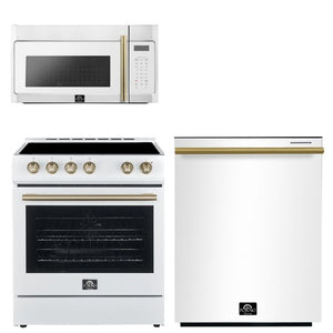FORNO Espresso Package - 30" Electric Range, Over-The-Range Microwave and Dishwasher in White with Antique Brass Accents, AP3-6012WHT-A10