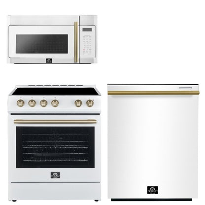 FORNO Espresso Package - 30" Electric Range, Over-The-Range Microwave and Dishwasher in White with Antique Brass Accents, AP3-6012WHT-A10