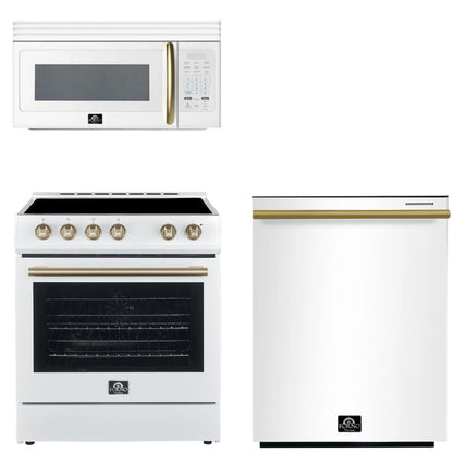 FORNO Espresso Package - 30" Electric Range, Over-The-Range Microwave and Dishwasher in White with Antique Brass Accents, AP3-6012WHT-A9