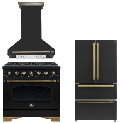 FORNO Espresso Package - 36" Dual Fuel Range, Range Hood, 36" Refrigerator in Black with Antique Brass Accents