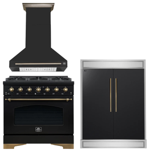 FORNO Espresso Package - 36" Dual Fuel Range, Range Hood, 60" Refrigerator in Black with Antique Brass Accents