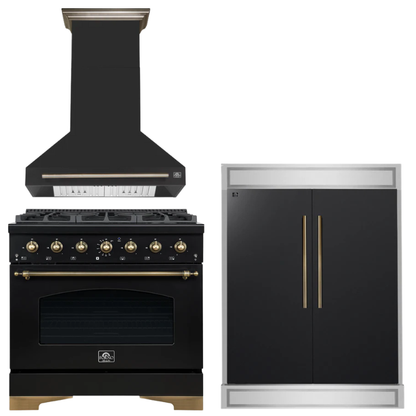 FORNO Espresso Package - 36" Dual Fuel Range, Range Hood, 60" Refrigerator in Black with Antique Brass Accents