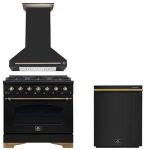 FORNO Espresso Package - 36" Dual Fuel Range, Range Hood, Dishwasher in Black with Antique Brass Accents