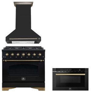 FORNO Espresso Package - 36" Dual Fuel Range, Range Hood, Microwave in Black with Antique Brass Accents