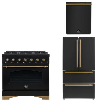 FORNO Espresso Package - 36" Dual Fuel Range, 36" Refrigerator, Dishwasher in Black with Antique Brass Accents