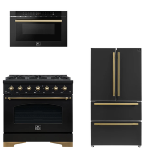 FORNO Espresso Package - 36" Dual Fuel Range, 36" Refrigerator, Microwave in Black with Antique Brass Accents