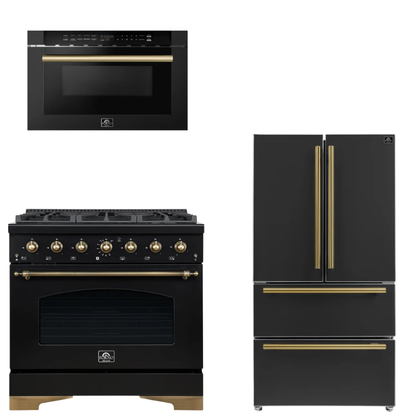 FORNO Espresso Package - 36" Dual Fuel Range, 36" Refrigerator, Microwave in Black with Antique Brass Accents
