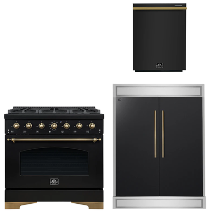 FORNO Espresso Package - 36" Dual Fuel Range, 60" Refrigerator, Dishwasher in Black with Antique Brass Accents