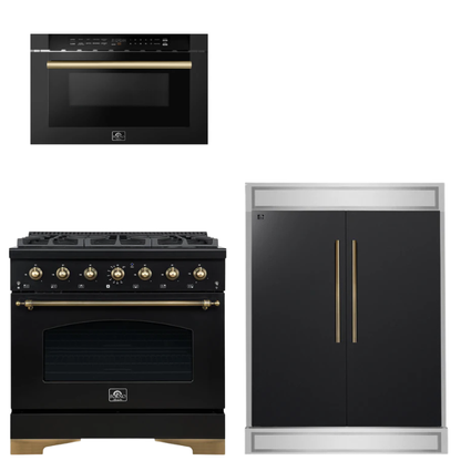 FORNO Espresso Package - 36" Dual Fuel Range, 60" Refrigerator, Microwave in Black with Antique Brass Accents