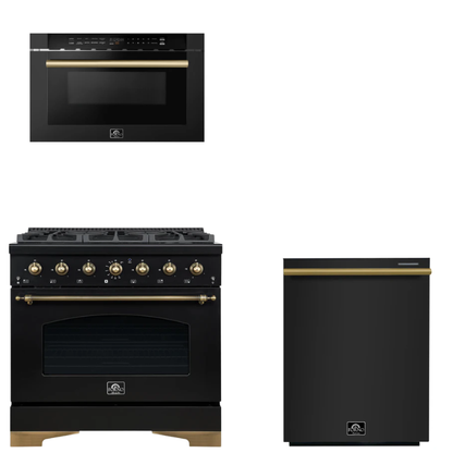 FORNO Espresso Package - 36" Dual Fuel Range, Dishwasher, Microwave in Black with Antique Brass Accents