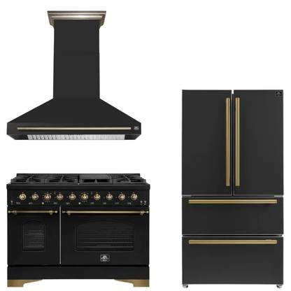 FORNO Espresso Package - 48" Dual Fuel Range, Range Hood, 36" Refrigerator in Black with Antique Brass Accents