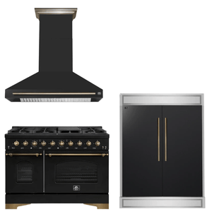 FORNO Espresso Package - 48" Dual Fuel Range, Range Hood, 60" Refrigerator in Black with Antique Brass Accents