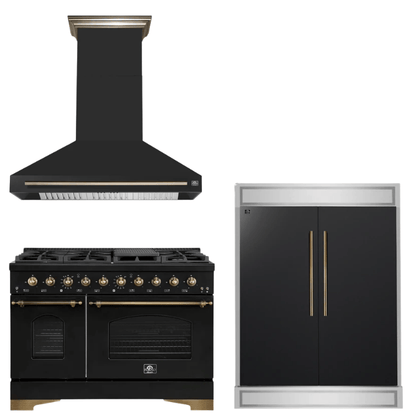 FORNO Espresso Package - 48" Dual Fuel Range, Range Hood, 60" Refrigerator in Black with Antique Brass Accents