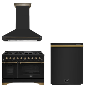 FORNO Espresso Package - 48" Dual Fuel Range, Range Hood, Dishwasher in Black with Antique Brass Accents