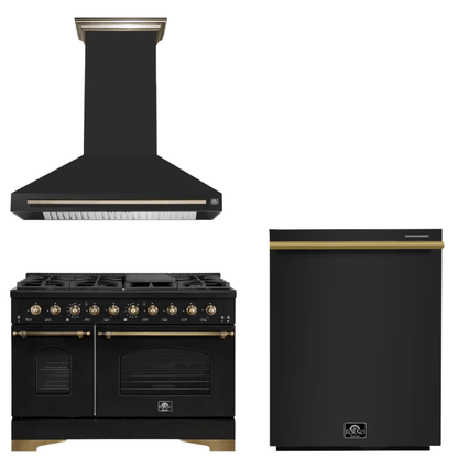 FORNO Espresso Package - 48" Dual Fuel Range, Range Hood, Dishwasher in Black with Antique Brass Accents