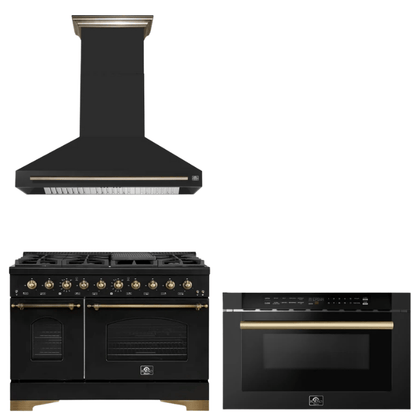 FORNO Espresso Package - 48" Dual Fuel Range, Range Hood, Microwave in Black with Antique Brass Accents