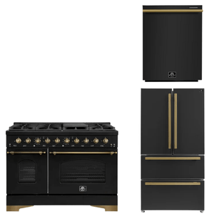 FORNO Espresso Package - 48" Dual Fuel Range, 36" Refrigerator, Dishwasher in Black with Antique Brass Accents