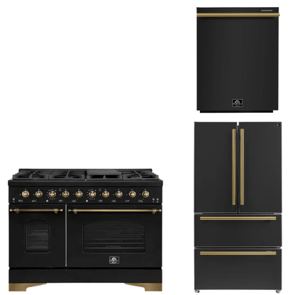 FORNO Espresso Package - 48" Dual Fuel Range, 36" Refrigerator, Dishwasher in Black with Antique Brass Accents