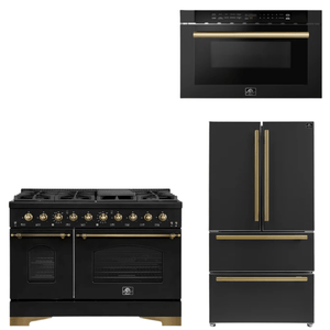 FORNO Espresso Package - 48" Dual Fuel Range, 36" Refrigerator, Microwave in Black with Antique Brass Accents