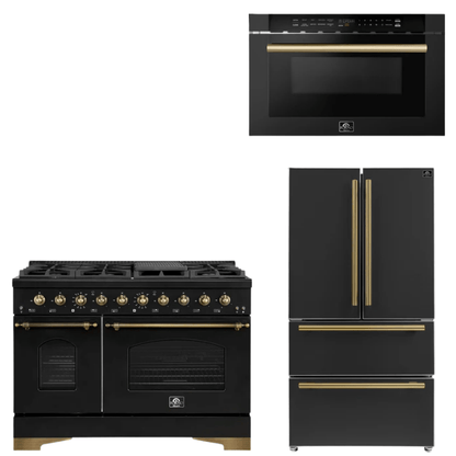 FORNO Espresso Package - 48" Dual Fuel Range, 36" Refrigerator, Microwave in Black with Antique Brass Accents