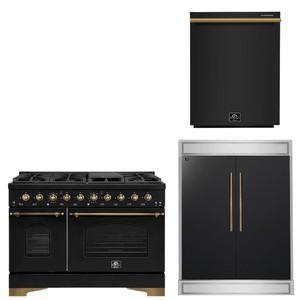 FORNO Espresso Package - 48" Dual Fuel Range, 60" Refrigerator, Dishwasher in Black with Antique Brass Accents