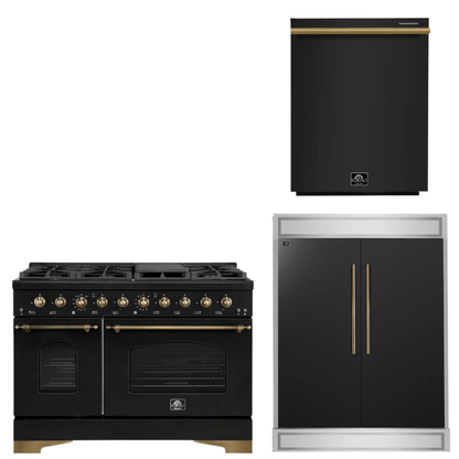 FORNO Espresso Package - 48" Dual Fuel Range, 60" Refrigerator, Dishwasher in Black with Antique Brass Accents