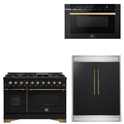FORNO Espresso Package - 48" Dual Fuel Range, 60" Refrigerator, Microwave in Black with Antique Brass Accents