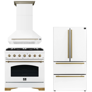 FORNO Espresso Package - 36" Dual Fuel Range, Range Hood, 36" Refrigerator in White with Antique Brass Accents