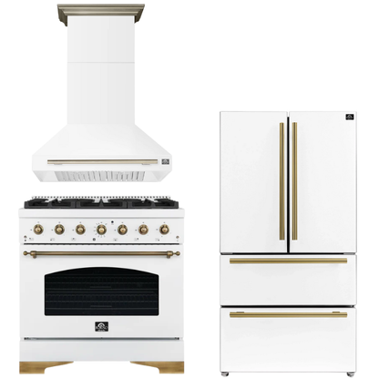 FORNO Espresso Package - 36" Dual Fuel Range, Range Hood, 36" Refrigerator in White with Antique Brass Accents