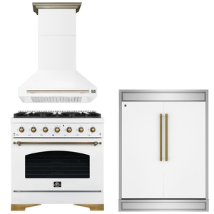 FORNO Espresso Package - 36" Dual Fuel Range, Range Hood, 60" Refrigerator in White with Antique Brass Accents