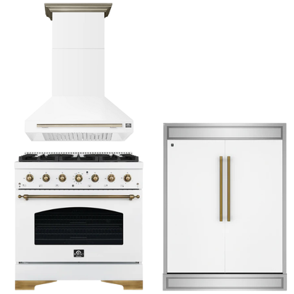 FORNO Espresso Package - 36" Dual Fuel Range, Range Hood, 60" Refrigerator in White with Antique Brass Accents