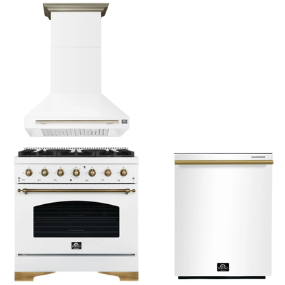 FORNO Espresso Package - 36" Dual Fuel Range, Range Hood, Dishwasher in White with Antique Brass Accents