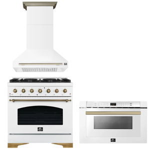 FORNO Espresso Package - 36" Dual Fuel Range, Range Hood, Microwave in White with Antique Brass Accents