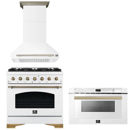 FORNO Espresso Package - 36" Dual Fuel Range, Range Hood, Microwave in White with Antique Brass Accents