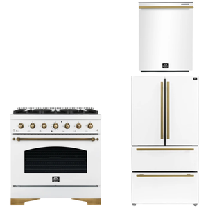 FORNO Espresso Package - 36" Dual Fuel Range, 36" Refrigerator, Dishwasher in White with Antique Brass Accents