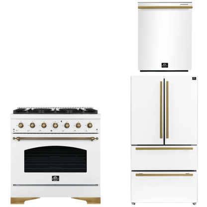 FORNO Espresso Package - 36" Dual Fuel Range, 36" Refrigerator, Dishwasher in White with Antique Brass Accents